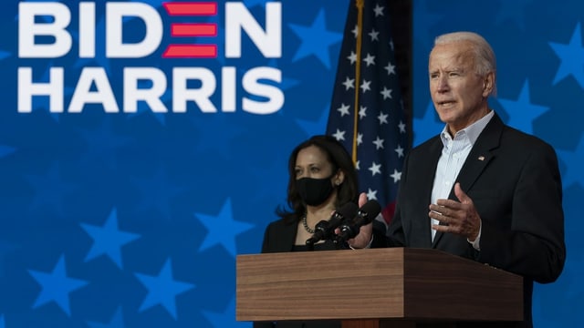 Präsidentschaftskandidat Joe Biden und Vizepräsidentschaftskandidatin Kamala Harris bei einem Auftritt am Donnerstag in Wilmington im Bundesstaat Delaware.