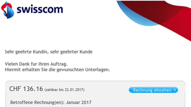 Mail mit Absender Swisscom und Link. Mail mit Absender Swisscom und Link.
