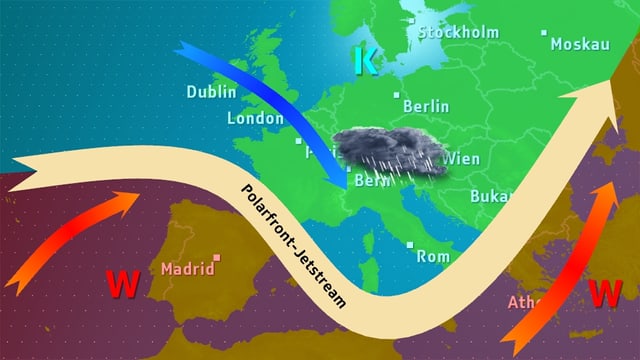 Europakarte mit Weit südlich verlaufendem Jetstream