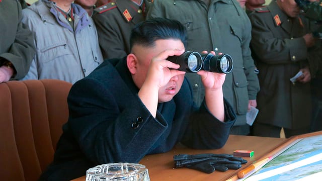 Nordkoreas Dikatotor betrachtete die Welt mit einem Feldstecher. Nordkoreas Dikatotor betrachtete die Welt mit einem Feldstecher.