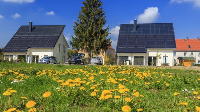 Einfamilienhäuser mit Dächern voller Photovoltaik-Panels, im Vordergrund eine gelb blühende Wiese. Einfamilienhäuser mit Dächern voller Photovoltaik-Panels, im Vordergrund eine gelb blühende Wiese.
