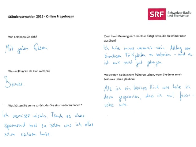 Online-Fragebogen, handschriftlich ausgefüllt von Bastien Girod. Online-Fragebogen, handschriftlich ausgefüllt von Bastien Girod.