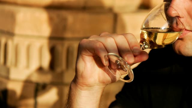 Mann trinkt ein Glas Wein. Mann trinkt ein Glas Wein.