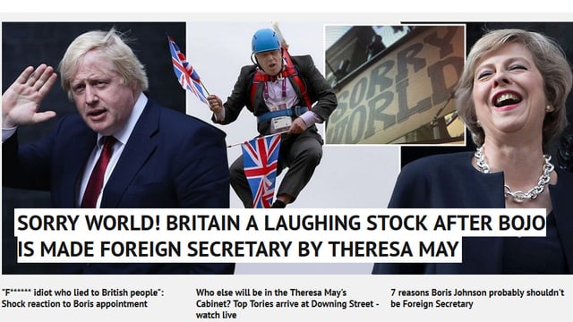 Fotomontage, die Boris Johnson in der Luft schwebend mit dem zwei Fähnchen zeigt. Fotomontage, die Boris Johnson in der Luft schwebend mit dem zwei Fähnchen zeigt.