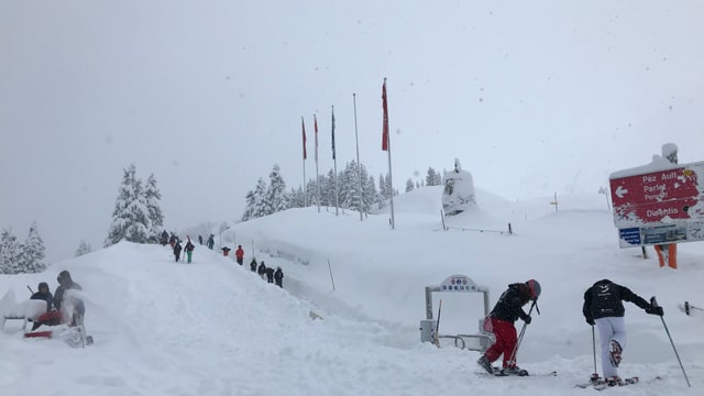 Skiunzs che van da tutta aura cun skis en il territori da skis da Mustér. Skiunzs che van da tutta aura cun skis en il territori da skis da Mustér.