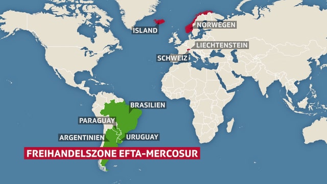 Die Freihandelszone Efta-Mercosur auf einer Karte abgebildet. Die Freihandelszone Efta-Mercosur auf einer Karte abgebildet.