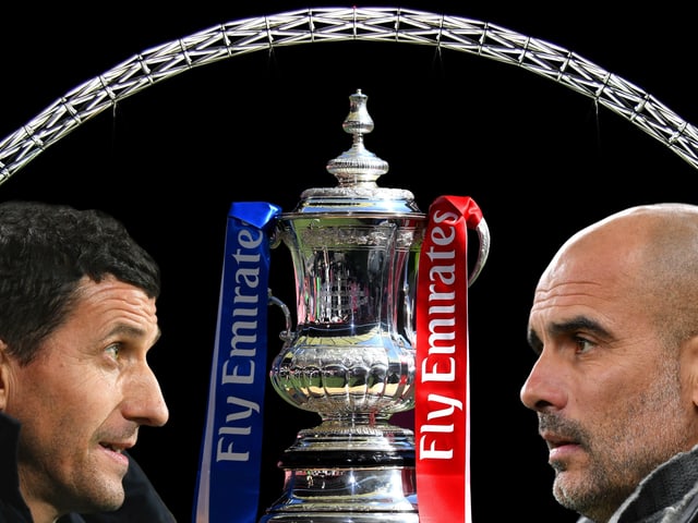 Gracia links und Guardiola rechts in der Fotomontage mit dem FA Cup und dem Stadionbogen von Wembley Gracia links und Guardiola rechts in der Fotomontage mit dem FA Cup und dem Stadionbogen von Wembley