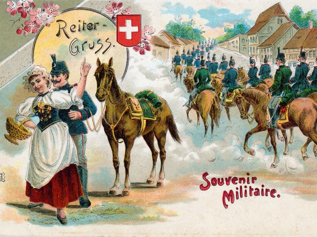 Soldaten auf Pferden, im Vordergrund umarmt ein Soldat eine junge Frau in einer Tracht.