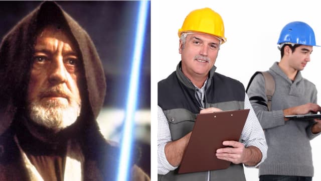 Collage: Obi Wan Kenobi und Meister mit Lehrling auf dem Bau Collage: Obi Wan Kenobi und Meister mit Lehrling auf dem Bau