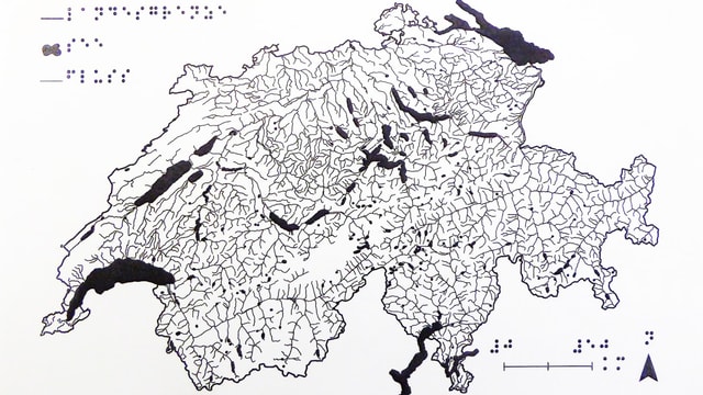 Schweizerkarte mit Brailleschrift. Schweizerkarte mit Brailleschrift.