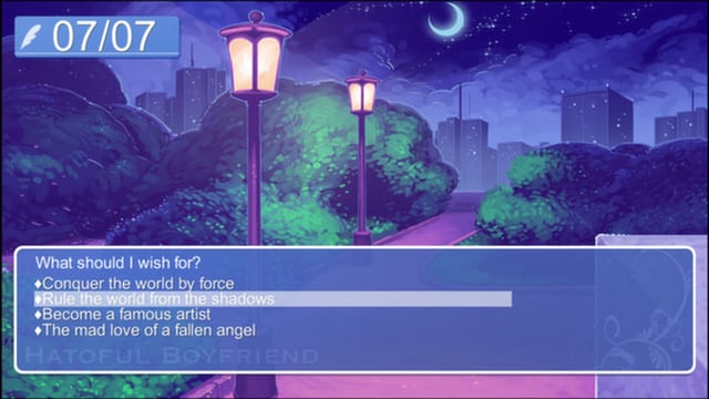 In einer Spielszene aus «Hatoful Boyfriend» sehen wir Laternen in der Nacht. In einer Spielszene aus «Hatoful Boyfriend» sehen wir Laternen in der Nacht.