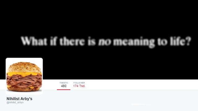 Ein Screenshot der Twitter-Seite von Nihilist Arby's. Ein Screenshot der Twitter-Seite von Nihilist Arby's.