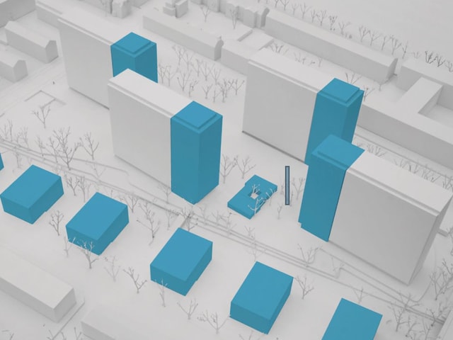 Architekturmodell mit den neuen Hochhausanbauten. Architekturmodell mit den neuen Hochhausanbauten.