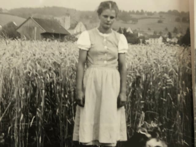 Mädchen steht auf Maisfeld. 