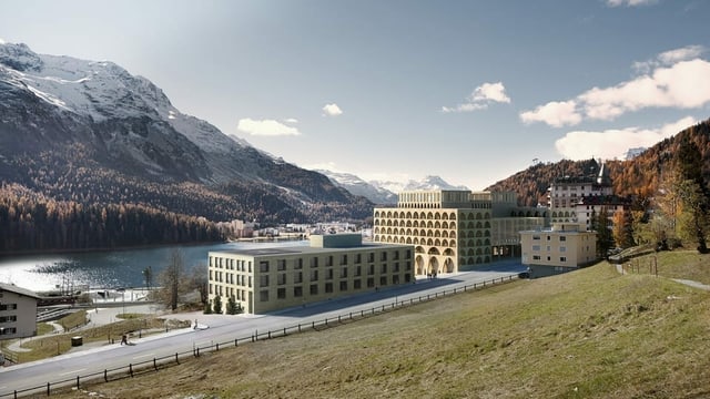 Visualisierung des modernen Baus, im Hintergrund das herbstliche Oberengadin. Visualisierung des modernen Baus, im Hintergrund das herbstliche Oberengadin.