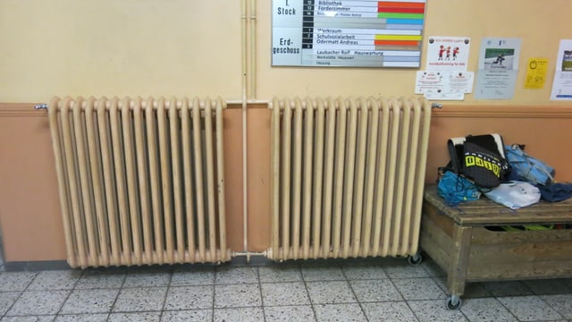 Alte beigefarbene Heizkörper in einem Schulhaus. Alte beigefarbene Heizkörper in einem Schulhaus.
