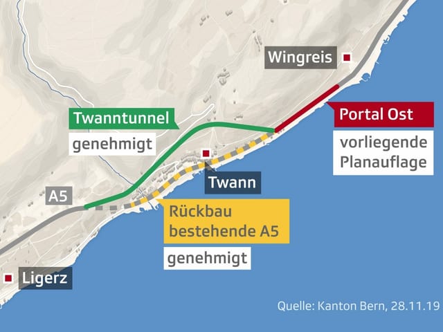 Karte mit dem Verlauf des Tunnels und dem Ostportal in Wingreis Karte mit dem Verlauf des Tunnels und dem Ostportal in Wingreis