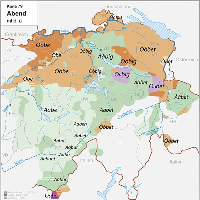 Der «Abend» und seine Varianten, entnommen dem «Kleinen Sprachatlas der Deutschen Schweiz» Der «Abend» und seine Varianten, entnommen dem «Kleinen Sprachatlas der Deutschen Schweiz»