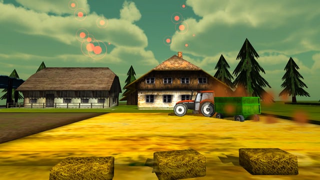 Ein Screenshot des Spiels Emission Impossible zeigt einen Traktor auf einem Bauernhof Ein Screenshot des Spiels Emission Impossible zeigt einen Traktor auf einem Bauernhof