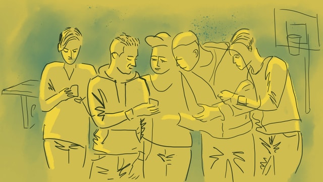 eine Illustration von Jugendlichen auf dem Pausenplatz. Ein Handy wird herumgereicht eine Illustration von Jugendlichen auf dem Pausenplatz. Ein Handy wird herumgereicht