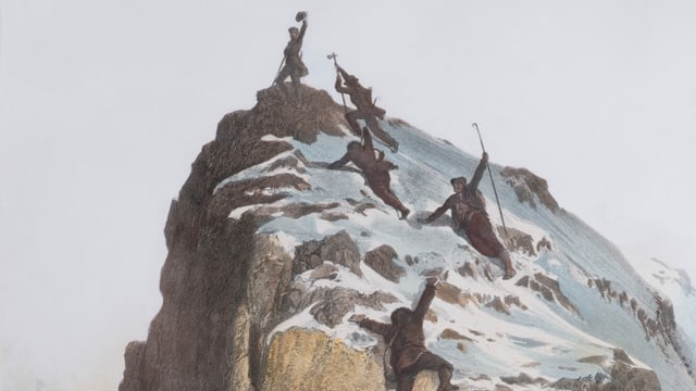 Historische Zeichnung: Bergsteiger am Gipfel eines berges Historische Zeichnung: Bergsteiger am Gipfel eines berges