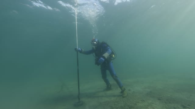 Ein Seil mit Vermessungsstab über einem Holzpfahl. Ein Seil mit Vermessungsstab über einem Holzpfahl.