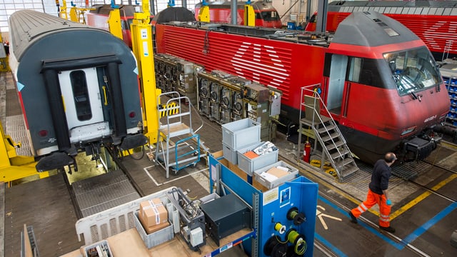 Ein Zugswagen links nben einerLokomotive von der Stirnseite fotografiert im SBB-Werk Yverdon Ein Zugswagen links nben einerLokomotive von der Stirnseite fotografiert im SBB-Werk Yverdon