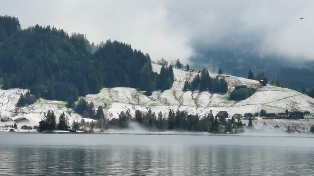 Winter im Juli am Sihlsee bei Einsiedeln. Die Hänge sind weiss wie im Winter, aber von Hagelkörnern bedeckt. Winter im Juli am Sihlsee bei Einsiedeln. Die Hänge sind weiss wie im Winter, aber von Hagelkörnern bedeckt.