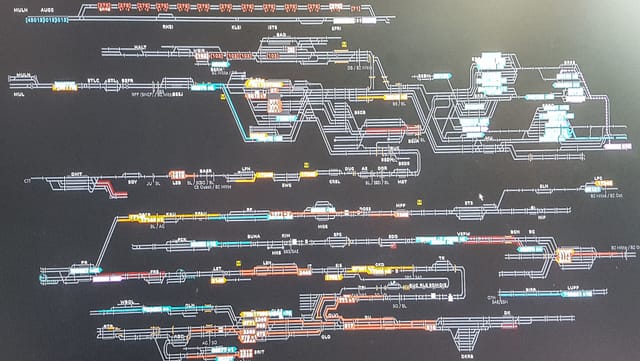 Foto eines Monitors mit einem Netzplan der SBB. Viele bunte Linien, für Laien ein Chaos. Foto eines Monitors mit einem Netzplan der SBB. Viele bunte Linien, für Laien ein Chaos.