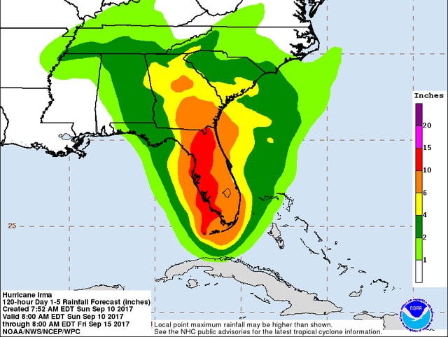 Eine Karte von Florida mit den Regenmengen Eine Karte von Florida mit den Regenmengen