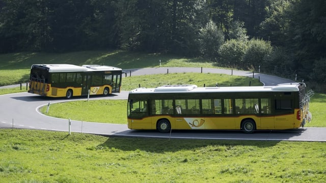 Zwei Postautos. Zwei Postautos.