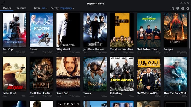 Die Oberfläche des Streaming-Dienstes Popcorn Time mit Titelbildern der angebotenen Filme. Die Oberfläche des Streaming-Dienstes Popcorn Time mit Titelbildern der angebotenen Filme.
