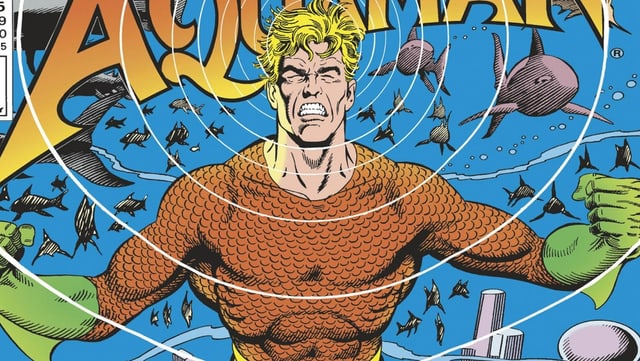 Ein gezeichneter Comic-Held hat das Gesicht angestrengt verzerrt und sendet Schallwellen aus. Im Hintergrund Haie. Ein gezeichneter Comic-Held hat das Gesicht angestrengt verzerrt und sendet Schallwellen aus. Im Hintergrund Haie.