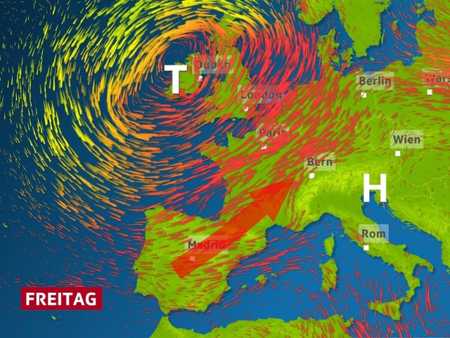 ein Pfeil auf der Europakarte stellt den weg der Hitze zu den Alpen dar. ein Pfeil auf der Europakarte stellt den weg der Hitze zu den Alpen dar.
