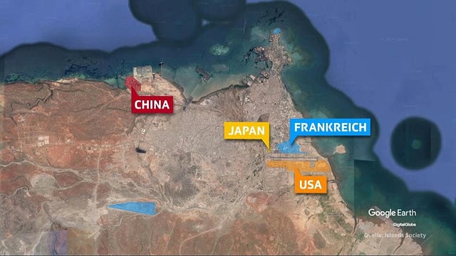 Karte, auf der die Militärbasen Chinas, Japans, Frankreichs und der USA eingetragen sind. Karte, auf der die Militärbasen Chinas, Japans, Frankreichs und der USA eingetragen sind.