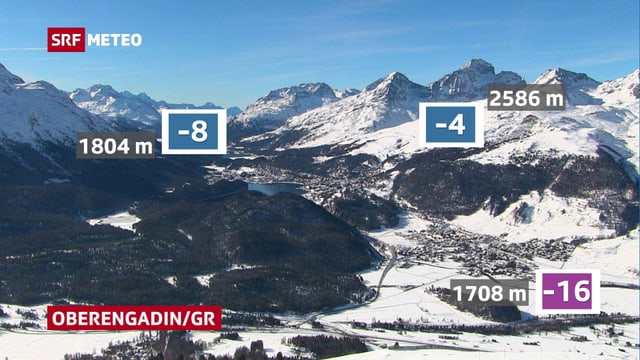 Ein Blick aufs Oberengadin mit den verschiedenen Tiefstwerten. In Samedan auf 1708 Meter, -16 Grad, in Sils-Maria auf 1804 Meter, -8 Grad. In einer Höhe von 2586 Metern, -4 Grad. Ein Blick aufs Oberengadin mit den verschiedenen Tiefstwerten. In Samedan auf 1708 Meter, -16 Grad, in Sils-Maria auf 1804 Meter, -8 Grad. In einer Höhe von 2586 Metern, -4 Grad.