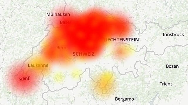 Schweizerkarte mit rotem Bereich mit Störungsmeldungen