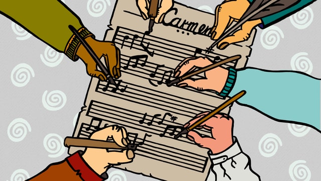 Illustration: mehrere Personen schreiben auf der Partitur zu «Carmen». Illustration: mehrere Personen schreiben auf der Partitur zu «Carmen».