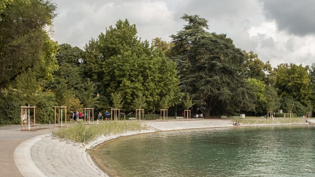 Eine Seepromenade, dahinter Bäume Eine Seepromenade, dahinter Bäume
