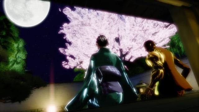 Mond, Kimono, Kirschblüten. Mond, Kimono, Kirschblüten.