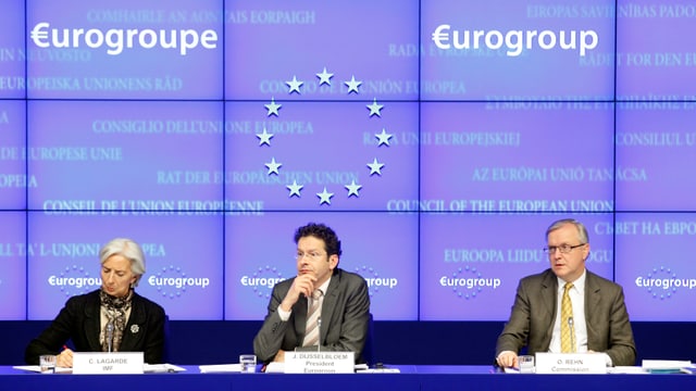 IWF-Chefin Christine Lagarde, Euro-Gruppen-Chef Jeroen Dijsselbloem und EU-Währungskommissar Olli Rehn. IWF-Chefin Christine Lagarde, Euro-Gruppen-Chef Jeroen Dijsselbloem und EU-Währungskommissar Olli Rehn.
