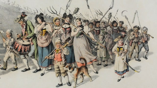 Zeichnung: Frauen und Greise mit Waffen Zeichnung: Frauen und Greise mit Waffen