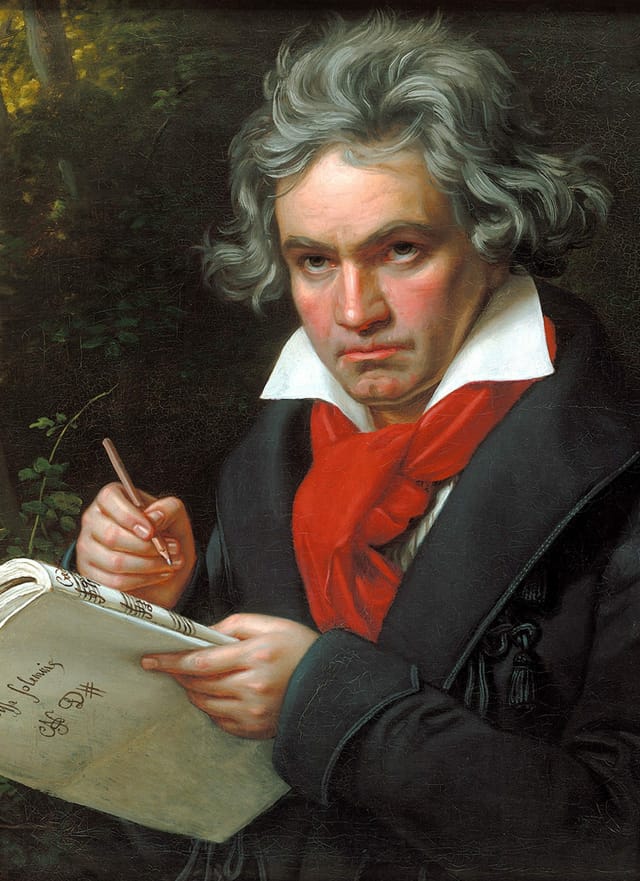Ein gemaltes Porträt eines älteren Mannes mit rotem Schal (Beethoven), der sich eine Komposition aufschreibt. Ein gemaltes Porträt eines älteren Mannes mit rotem Schal (Beethoven), der sich eine Komposition aufschreibt.