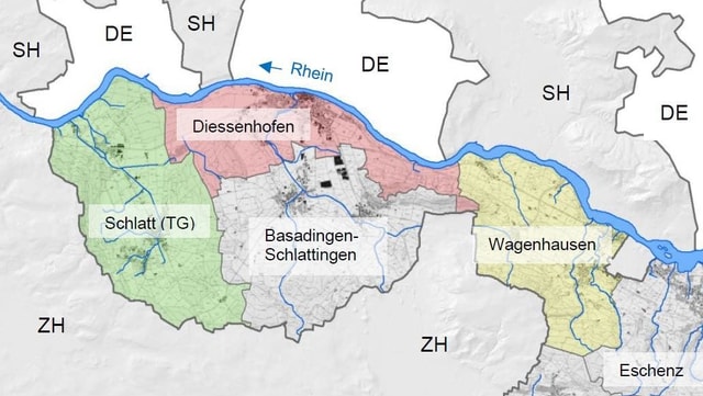 Karten-Übersicht über das Untersuchungsgebiet am Rheinufer der Gemeinden Wagenhausen, Diessenhofen und Schlatt. Karten-Übersicht über das Untersuchungsgebiet am Rheinufer der Gemeinden Wagenhausen, Diessenhofen und Schlatt.