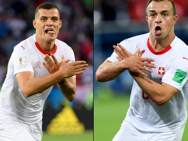 Die Jubelgesten von Xhaka und Shaqiri. Die Jubelgesten von Xhaka und Shaqiri.