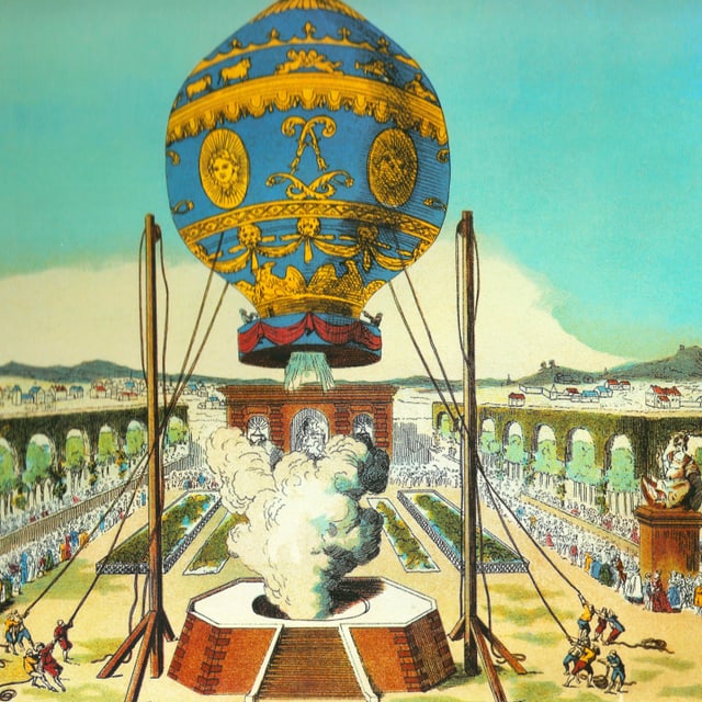 Zeichnung eines blau-gelben Ballons, der in die Luft steigt. Zeichnung eines blau-gelben Ballons, der in die Luft steigt.