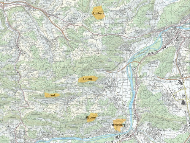 Karte mit der Bezeichnung der fünf Standorte.