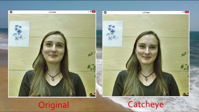 Zweimal dasselbe Videochat-Bild einer jungen Frau, einmal mit Catcheye-Korrektur, einmal ohne. Zweimal dasselbe Videochat-Bild einer jungen Frau, einmal mit Catcheye-Korrektur, einmal ohne.