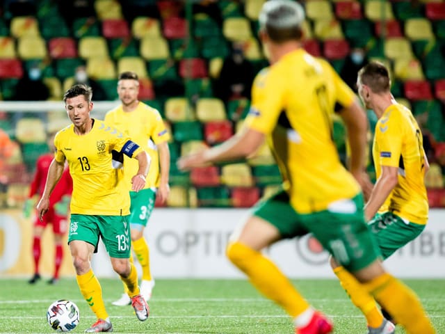 Die Spieler der litauischen Nationalmannschaft, hier in der Nations League im vergangenen Herbst. Die Spieler der litauischen Nationalmannschaft, hier in der Nations League im vergangenen Herbst.