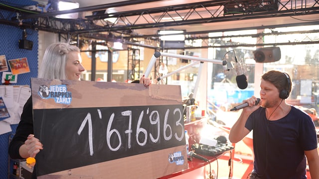 Knackeboul verkündet rappend den Spendenstand vom Samstagmorgen. Knackeboul verkündet rappend den Spendenstand vom Samstagmorgen.